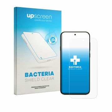 Parte frontal de un envase de producto con el logotipo de la marca upscreen. Al lado se muestra el dispositivo Motorola Edge (