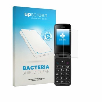 Parte frontal de un envase de producto con el logotipo de la marca upscreen. Al lado se muestra el dispositivo Panasonic KX-TU