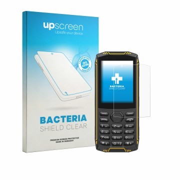 Parte frontal de un envase de producto con el logotipo de la marca upscreen. Al lado se muestra el dispositivo Ulefone Armor M