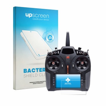 Parte frontal de un envase de producto con el logotipo de la marca upscreen. Al lado se muestra el dispositivo Spektrum iX14 P
