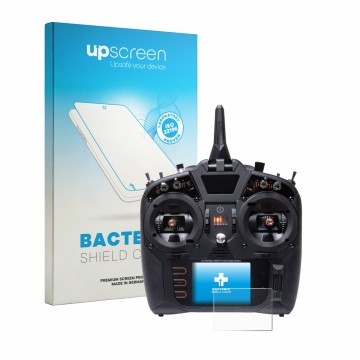 Face avant d’un emballage produit avec le logo de la marque upscreen. À côté, l’appareil Spektrum NX8 Plus est représenté avec
