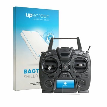 Parte frontal de un envase de producto con el logotipo de la marca upscreen. Al lado se muestra el dispositivo Graupner MZ-10 