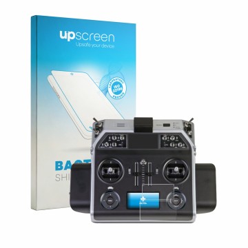 Parte frontal de un envase de producto con el logotipo de la marca upscreen. Al lado se muestra el dispositivo Graupner MC-26 