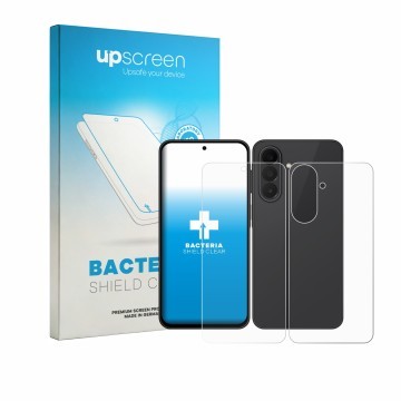 Parte frontal de un envase de producto con el logotipo de la marca upscreen. Al lado se muestra el dispositivo Samsung Galaxy 