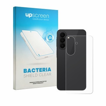 Parte frontal de un envase de producto con el logotipo de la marca upscreen. Al lado se muestra el dispositivo Samsung Galaxy 
