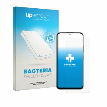 Vorderseite einer Produktverpackung mit dem Markenlogo upscreen. Daneben ist das Gerät Tecno Pova 8 mit dem zugehörigen Displa