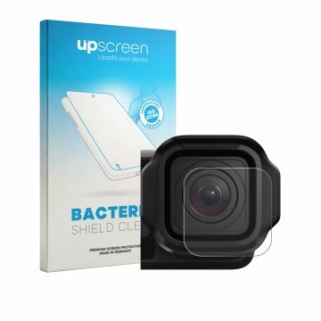 Parte frontale di una confezione del prodotto con il logo del marchio upscreen. Accanto è raffigurato il dispositivo GoPro Mis
