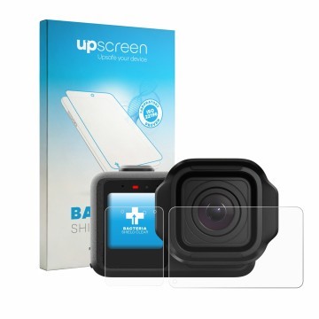 Front side of a product packaging with the brand logo upscreen. Next to it is the device GoPro Mission 1 Pro shown with the co