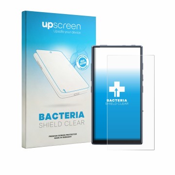 Parte frontale di una confezione del prodotto con il logo del marchio upscreen. Accanto è raffigurato il dispositivo FiiO M33 