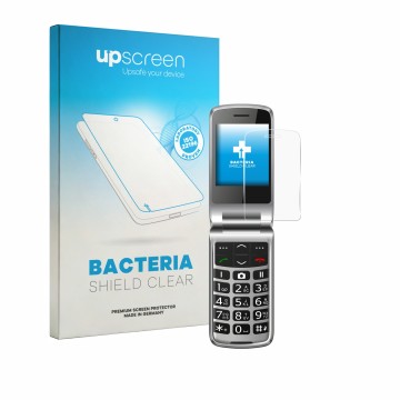 Vorderseite einer Produktverpackung mit dem Markenlogo upscreen. Daneben ist das Gerät bea-fon SL645 mit dem zugehörigen Displ