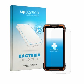 Face avant d’un emballage produit avec le logo de la marque upscreen. À côté, l’appareil Blackview Rock 2 est représenté avec 