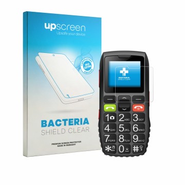 Vorderseite einer Produktverpackung mit dem Markenlogo upscreen. Daneben ist das Gerät artfone C1 mit dem zugehörigen Displays