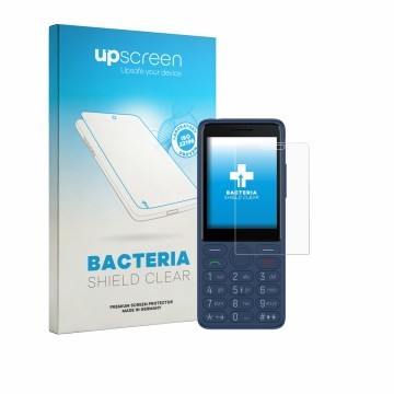 Parte frontal de un envase de producto con el logotipo de la marca upscreen. Al lado se muestra el dispositivo TCL OneTouch 40