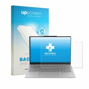 Face avant d’un emballage produit avec le logo de la marque upscreen. À côté, l’appareil Lenovo ThinkBook 14X est représenté a