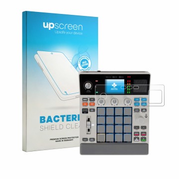 Parte frontale di una confezione del prodotto con il logo del marchio upscreen. Accanto è raffigurato il dispositivo Akai MPC 