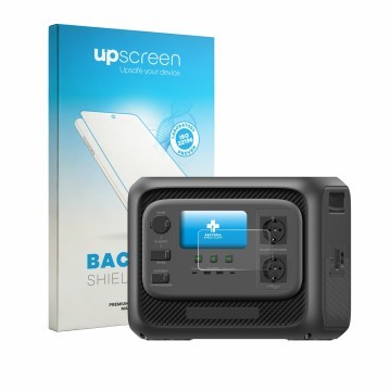 Parte frontal de un envase de producto con el logotipo de la marca upscreen. Al lado se muestra el dispositivo Bluetti Elite 3