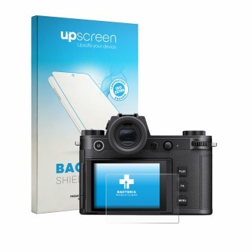 Vorderseite einer Produktverpackung mit dem Markenlogo upscreen. Daneben ist das Gerät Leica SL3-P mit dem zugehörigen Display
