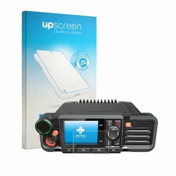 Parte frontal de un envase de producto con el logotipo de la marca upscreen. Al lado se muestra el dispositivo Hytera HM785 co