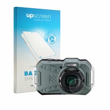 Vorderseite einer Produktverpackung mit dem Markenlogo upscreen. Daneben ist das Gerät Ricoh Pentax WG-1000 (Linse) mit dem zu