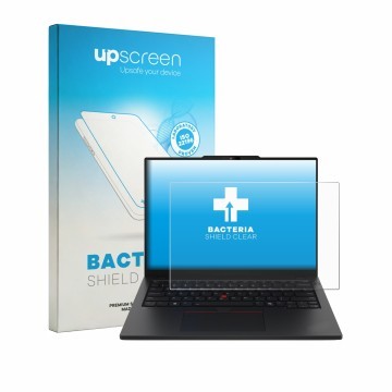 Parte frontal de un envase de producto con el logotipo de la marca upscreen. Al lado se muestra el dispositivo Lenovo ThinkPad
