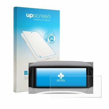 Parte frontal de un envase de producto con el logotipo de la marca upscreen. Al lado se muestra el dispositivo MG S5 EV ZS3E 2