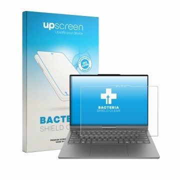 Parte frontal de un envase de producto con el logotipo de la marca upscreen. Al lado se muestra el dispositivo Lenovo ThinkBoo