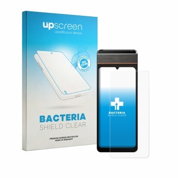 Face avant d’un emballage produit avec le logo de la marque upscreen. À côté, l’appareil Sunmi V3e est représenté avec la prot