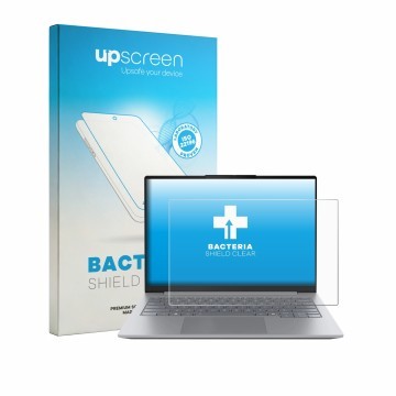 Parte frontal de un envase de producto con el logotipo de la marca upscreen. Al lado se muestra el dispositivo Lenovo ThinkBoo