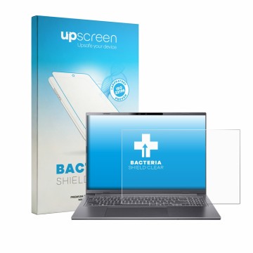 Parte frontal de un envase de producto con el logotipo de la marca upscreen. Al lado se muestra el dispositivo Acer Aspire 16 