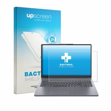 Parte frontal de un envase de producto con el logotipo de la marca upscreen. Al lado se muestra el dispositivo Lenovo IdeaPad 