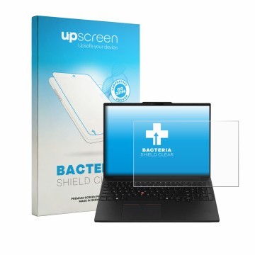 Parte frontal de un envase de producto con el logotipo de la marca upscreen. Al lado se muestra el dispositivo Lenovo ThinkPad