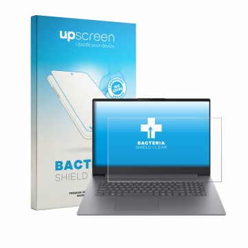 Parte frontal de un envase de producto con el logotipo de la marca upscreen. Al lado se muestra el dispositivo Lenovo IdeaPad 