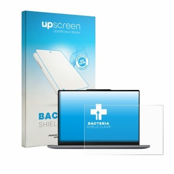 Parte frontal de un envase de producto con el logotipo de la marca upscreen. Al lado se muestra el dispositivo Lenovo Yoga Pro