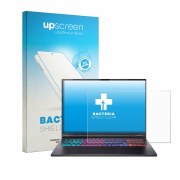 Parte frontal de un envase de producto con el logotipo de la marca upscreen. Al lado se muestra el dispositivo Acer Nitro 18 A