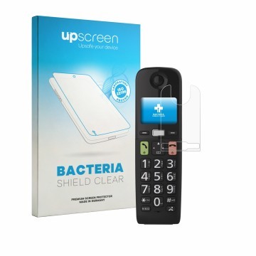 Vorderseite einer Produktverpackung mit dem Markenlogo upscreen. Daneben ist das Gerät Panasonic KX-TGU130 mit dem zugehörigen