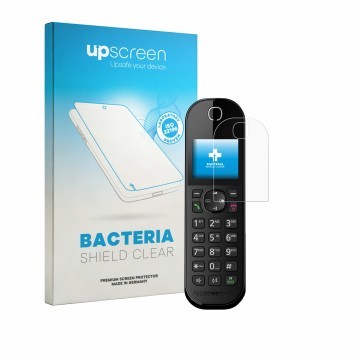 Face avant d’un emballage produit avec le logo de la marque upscreen. À côté, l’appareil Panasonic KX-TGC420 est représenté av
