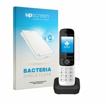 Face avant d’un emballage produit avec le logo de la marque upscreen. À côté, l’appareil Panasonic KX-TGH723 est représenté av
