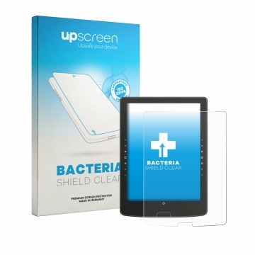 Vorderseite einer Produktverpackung mit dem Markenlogo upscreen. Daneben ist das Gerät inkBOOK Solaris mit dem zugehörigen Dis