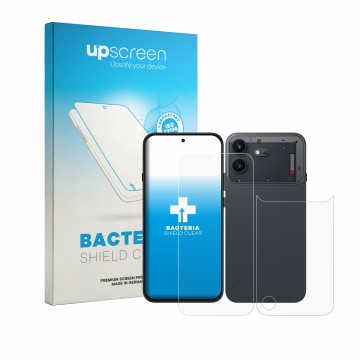 Parte frontal de un envase de producto con el logotipo de la marca upscreen. Al lado se muestra el dispositivo Nothing Phone (