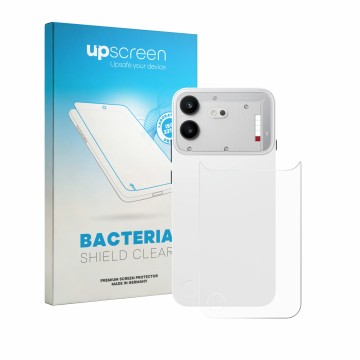 Parte frontal de un envase de producto con el logotipo de la marca upscreen. Al lado se muestra el dispositivo Nothing Phone (