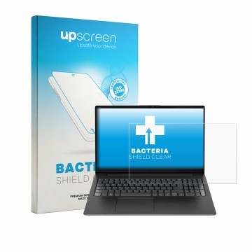 Parte frontal de un envase de producto con el logotipo de la marca upscreen. Al lado se muestra el dispositivo Lenovo V15 7915