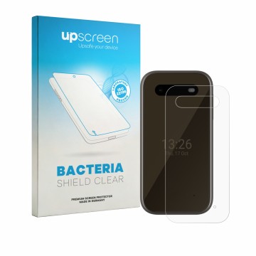 Parte frontal de un envase de producto con el logotipo de la marca upscreen. Al lado se muestra el dispositivo HMD 2660 Flip 4