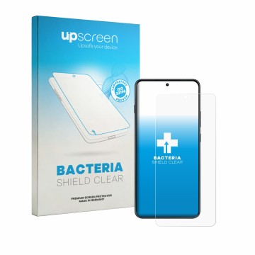 Parte frontal de un envase de producto con el logotipo de la marca upscreen. Al lado se muestra el dispositivo Motorola Edge 7
