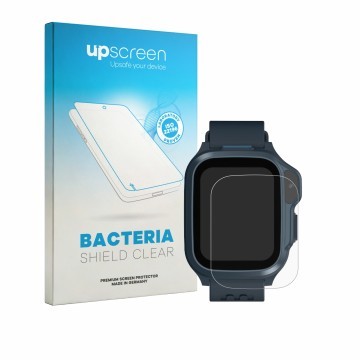 Vorderseite einer Produktverpackung mit dem Markenlogo upscreen. Daneben ist das Gerät Myfirst Fone S4 mit dem zugehörigen Dis