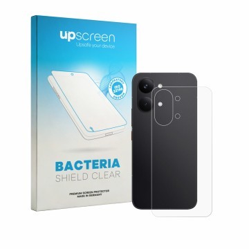 Parte frontal de un envase de producto con el logotipo de la marca upscreen. Al lado se muestra el dispositivo Xiaomi Poco X8 