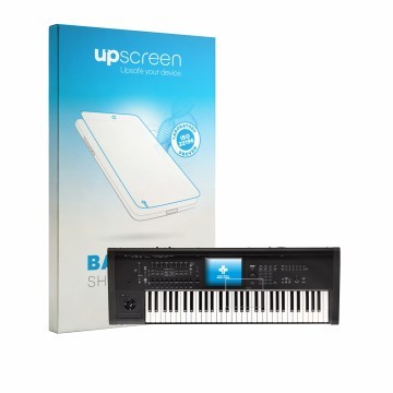 Parte frontal de un envase de producto con el logotipo de la marca upscreen. Al lado se muestra el dispositivo KORG Kronos 3 (