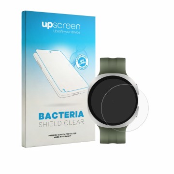 Face avant d’un emballage produit avec le logo de la marque upscreen. À côté, l’appareil Samsung Galaxy Watch 9 (40 mm) est re