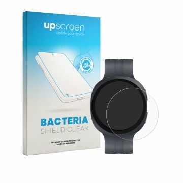 Face avant d’un emballage produit avec le logo de la marque upscreen. À côté, l’appareil Samsung Galaxy Watch 9 (44 mm) est re