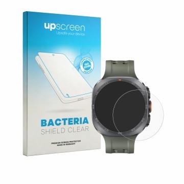 Face avant d’un emballage produit avec le logo de la marque upscreen. À côté, l’appareil Samsung Galaxy Watch Ultra 2 (47 mm) 
