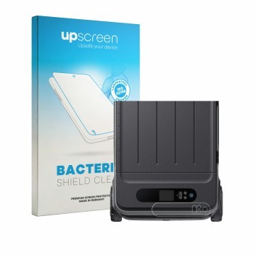Parte frontal de un envase de producto con el logotipo de la marca upscreen. Al lado se muestra el dispositivo Anker SOLIX Eve